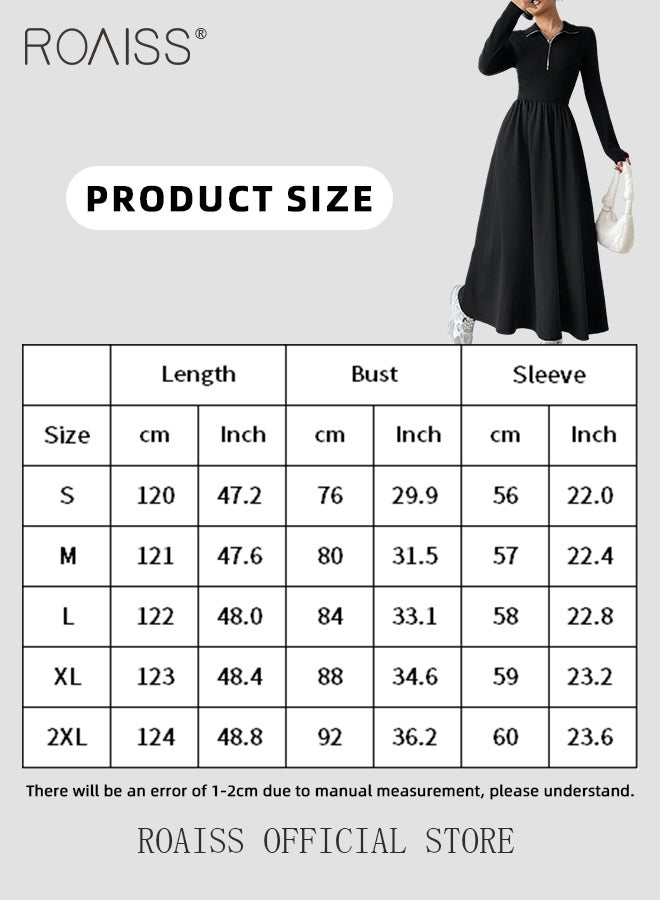 Zipper Front A-Line Dress for Women Slim Fit Lapel Neck Solid Black Color Minimalist Long Sleeve Dress Ladies Stylish Versatile Waistming Temperament Knitted Dress