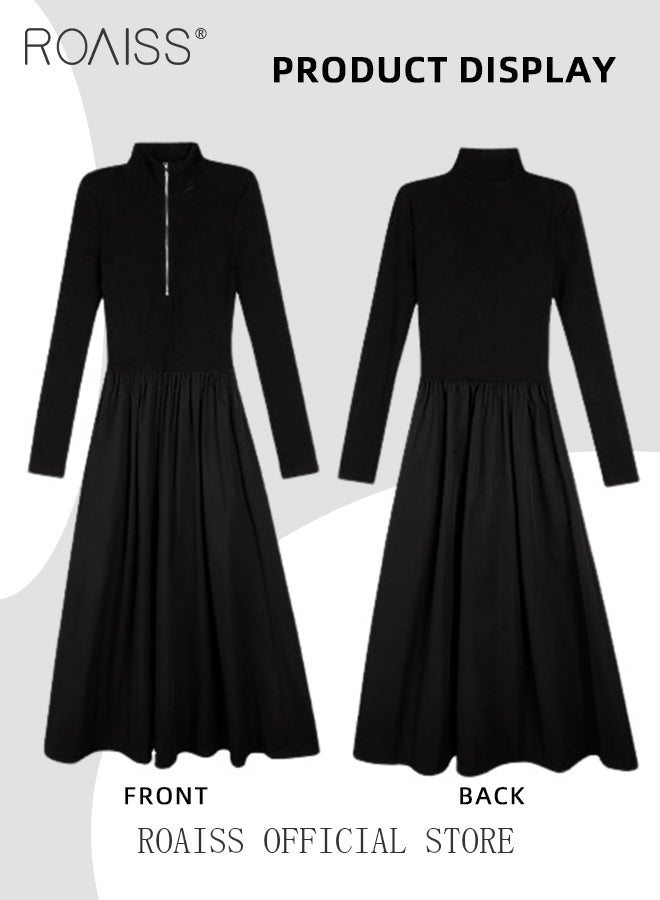 Zipper Front A-Line Dress for Women Slim Fit Lapel Neck Solid Black Color Minimalist Long Sleeve Dress Ladies Stylish Versatile Waistming Temperament Knitted Dress