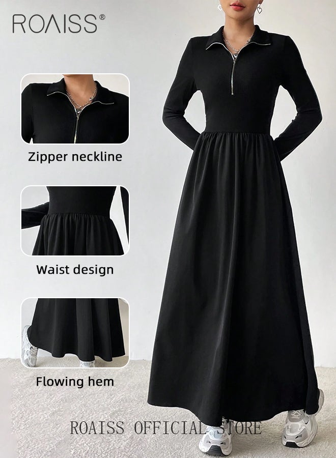 Zipper Front A-Line Dress for Women Slim Fit Lapel Neck Solid Black Color Minimalist Long Sleeve Dress Ladies Stylish Versatile Waistming Temperament Knitted Dress