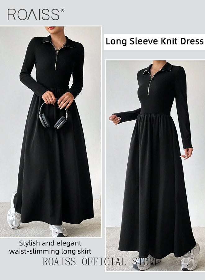 Zipper Front A-Line Dress for Women Slim Fit Lapel Neck Solid Black Color Minimalist Long Sleeve Dress Ladies Stylish Versatile Waistming Temperament Knitted Dress