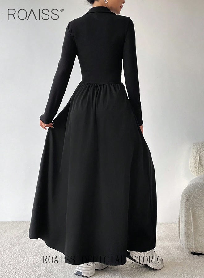 Zipper Front A-Line Dress for Women Slim Fit Lapel Neck Solid Black Color Minimalist Long Sleeve Dress Ladies Stylish Versatile Waistming Temperament Knitted Dress