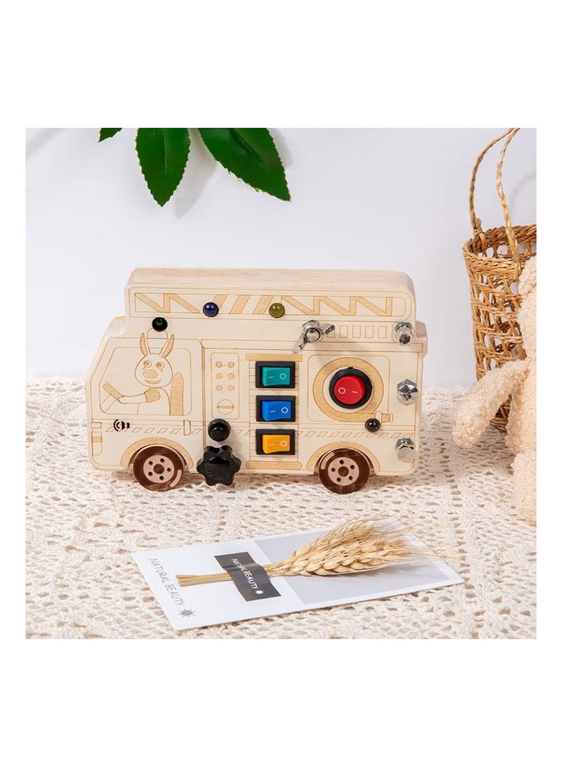 3-in-1 Montessori Busy Board with LED Light, Fire Truck Fine Motor Skills Toys, Wooden Car Busy Board, Screwdriver Mini Set, and Push Buttons for Engaging Learning Activities.