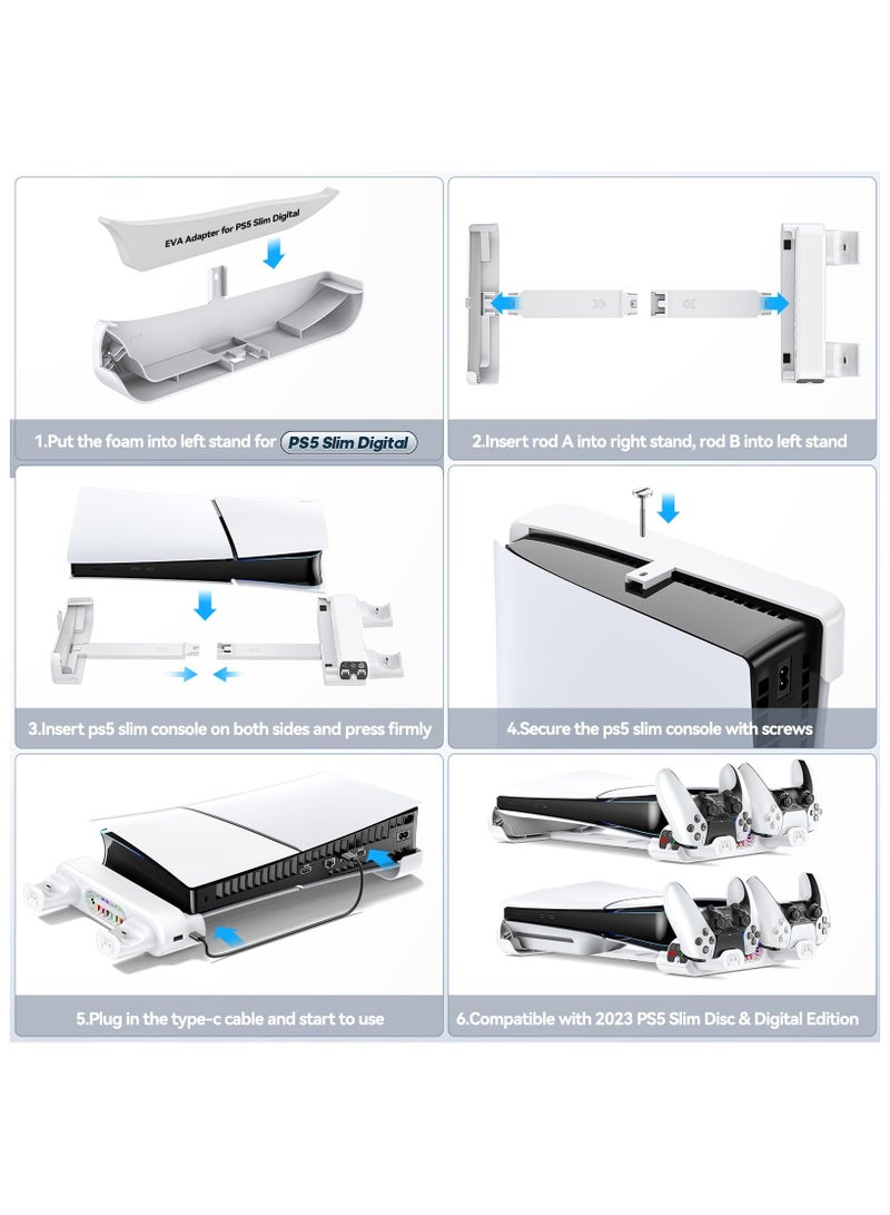 Horizontal Cooling Stand Replacement for PS5 Slim Disc & Digital Only, Dual PS5 Controller Charger with 3-Level RGB Cooling Fan (NOT Fit 2020 PS5)