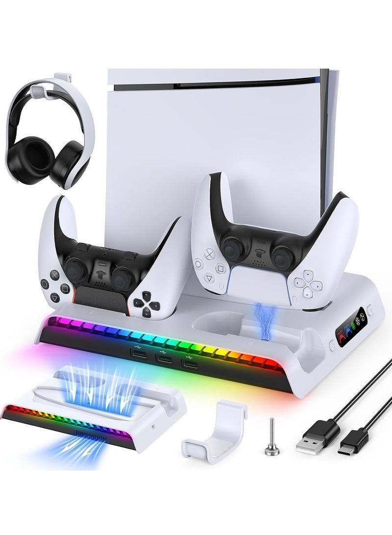 PS5 Slim Cooling Stand with Controller Charging Station for PS5 Slim Console (Digital/Disc) PS5 Slim Accessories Incl 9 RGB Lights & Headset Hook, 3-Level Silent Fan, 3 USB Port (White