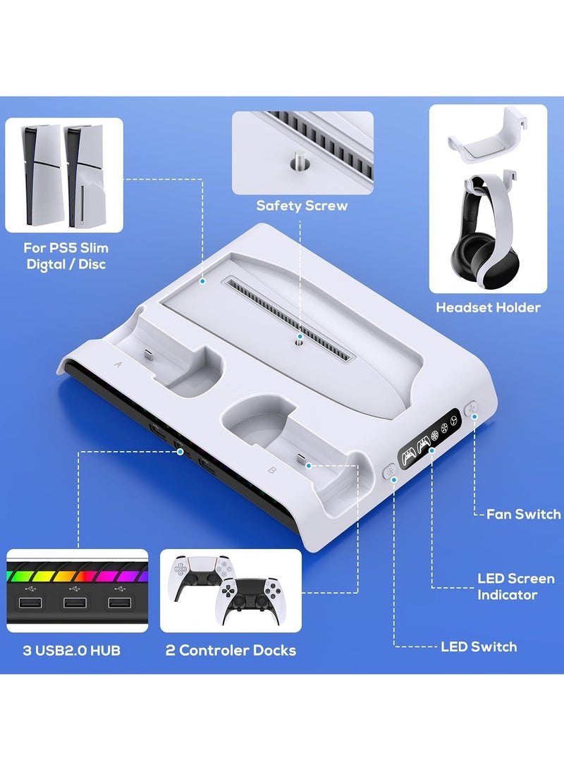 PS5 Slim Cooling Stand with Controller Charging Station for PS5 Slim Console (Digital/Disc) PS5 Slim Accessories Incl 9 RGB Lights & Headset Hook, 3-Level Silent Fan, 3 USB Port (White