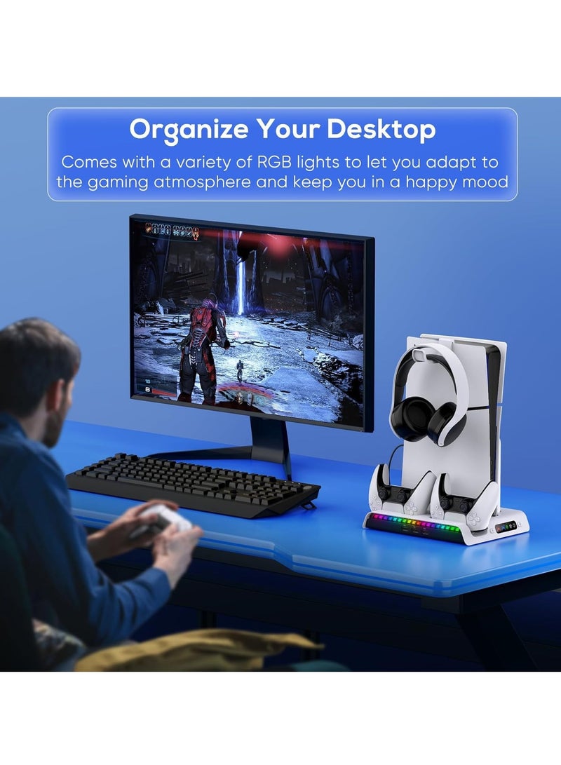 PS5 Slim Cooling Stand with Controller Charging Station for PS5 Slim Console (Digital/Disc) PS5 Slim Accessories Incl 9 RGB Lights & Headset Hook, 3-Level Silent Fan, 3 USB Port (White