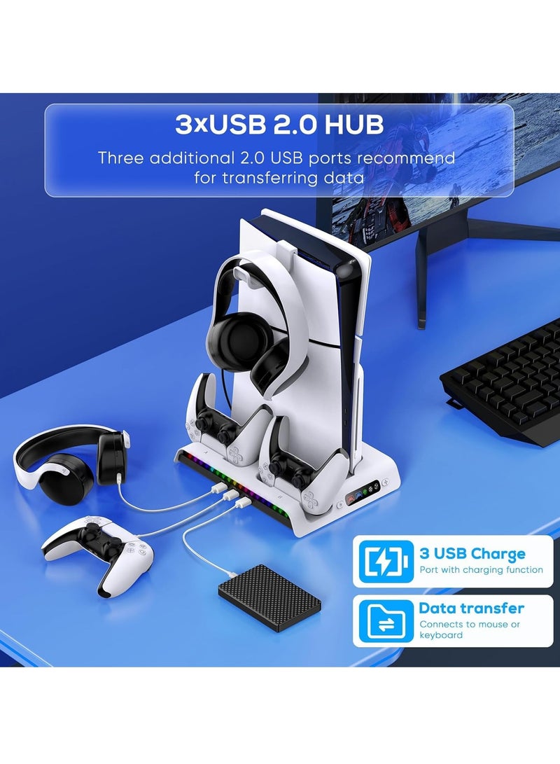 PS5 Slim Cooling Stand with Controller Charging Station for PS5 Slim Console (Digital/Disc) PS5 Slim Accessories Incl 9 RGB Lights & Headset Hook, 3-Level Silent Fan, 3 USB Port (White