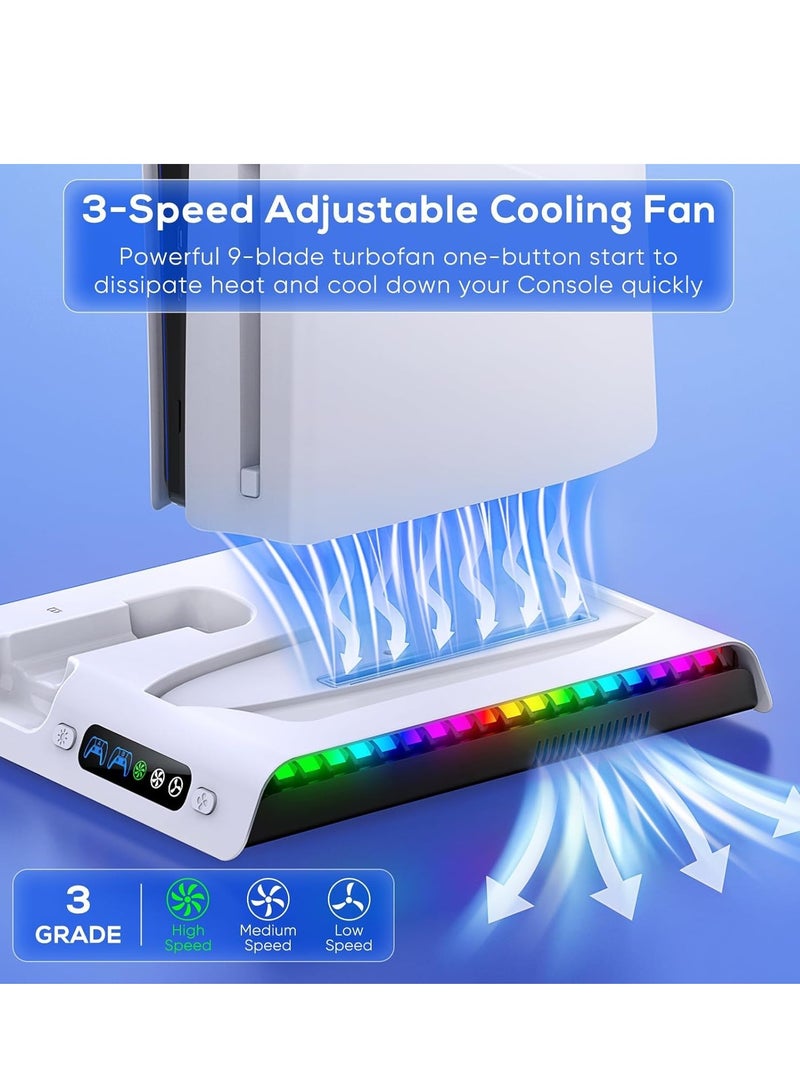 PS5 Slim Cooling Stand with Controller Charging Station for PS5 Slim Console (Digital/Disc) PS5 Slim Accessories Incl 9 RGB Lights & Headset Hook, 3-Level Silent Fan, 3 USB Port (White
