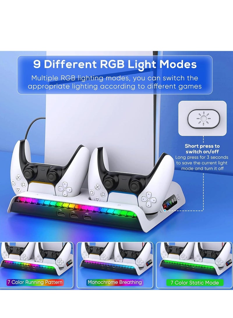 PS5 Slim Cooling Stand with Controller Charging Station for PS5 Slim Console (Digital/Disc) PS5 Slim Accessories Incl 9 RGB Lights & Headset Hook, 3-Level Silent Fan, 3 USB Port (White