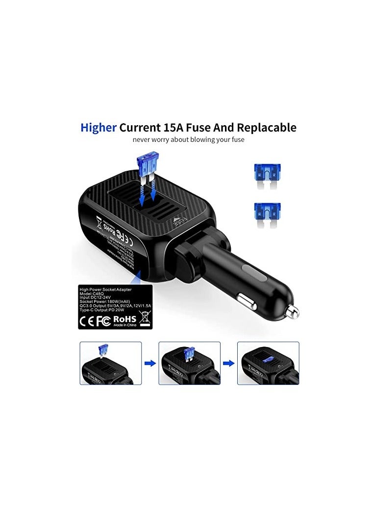 180W Car Charger Splitter with 20W PD Dual Socket Cigarette Lighter Adapter, Fast USB-C Charger with Type C 20W PD and QC3.0 for Dash Cam and Other Devices.