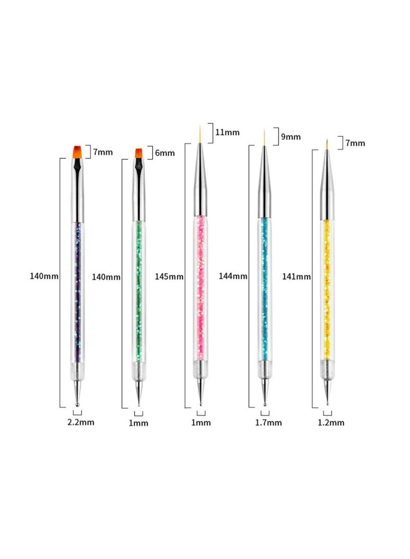 Nail Art Brushes, Double Ended Brush & Dotting Tool Kit, Including Liner and Pens for Salon 5Pcs