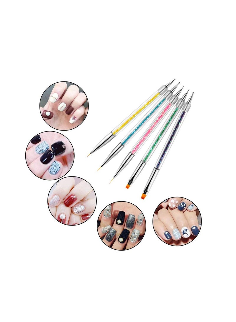 Nail Art Brushes, Double Ended Brush & Dotting Tool Kit, Including Liner and Pens for Salon 5Pcs