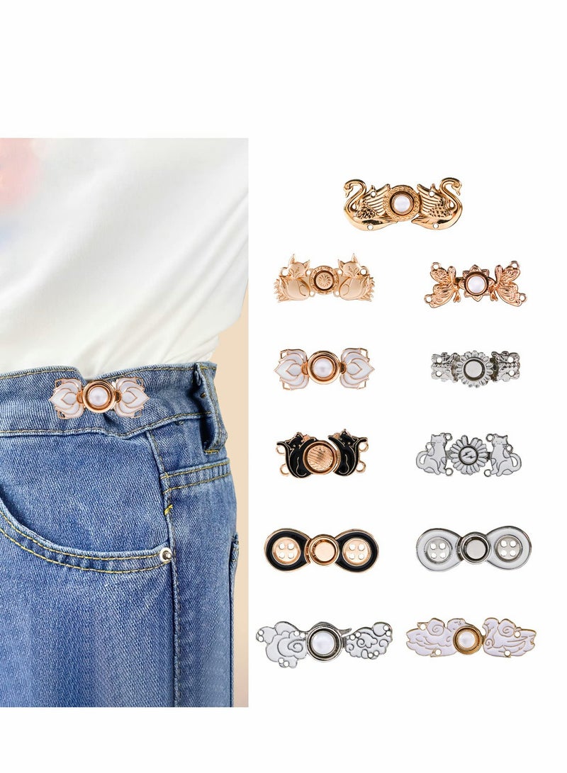 Jean Waist Adjustment Buckle Buttons 11 Pcs Pant Clips for Waist Fashion DIY Sewing Button for Dress Jeans Too Big Loose Adjustable Pant Waist Tightener Flower Buckle