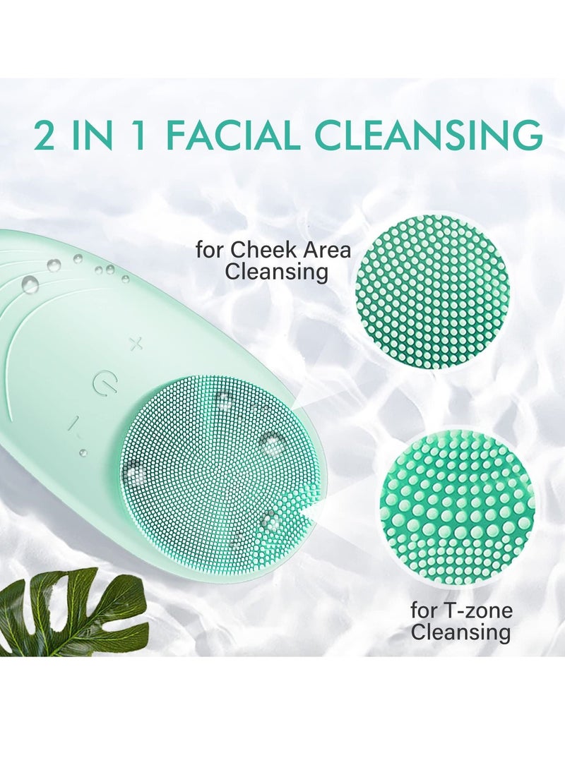 Sonic Waterproof Face Wash, Cleansing Brush, Soft Silicone Facial Cleanser, USB Rechargeable for Deep Cleansing, Gentle Exfoliation and Massage, For All Skin Types (Green)