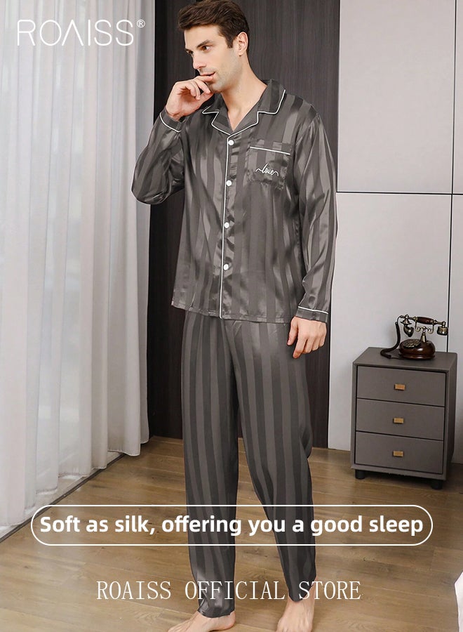 2 PCS Comfy Satin Pajama Set for Men Long Sleeve Button Style Loose Fit Loungewear Mens Comfortable and Soft Two Piece Sets Sleepwear Involves Top and Pants in Striped Embroidery Pattern