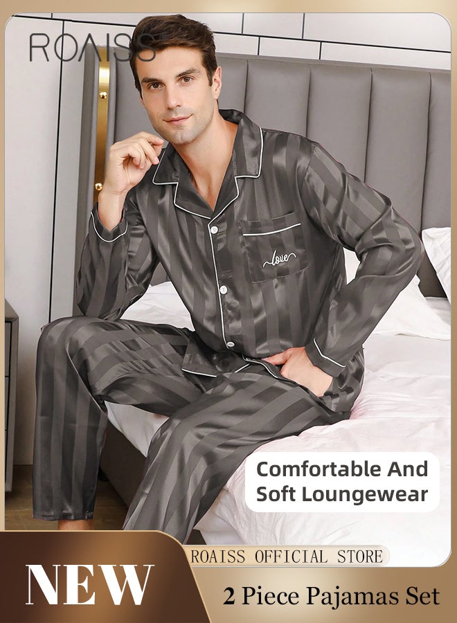 2 PCS Comfy Satin Pajama Set for Men Long Sleeve Button Style Loose Fit Loungewear Mens Comfortable and Soft Two Piece Sets Sleepwear Involves Top and Pants in Striped Embroidery Pattern