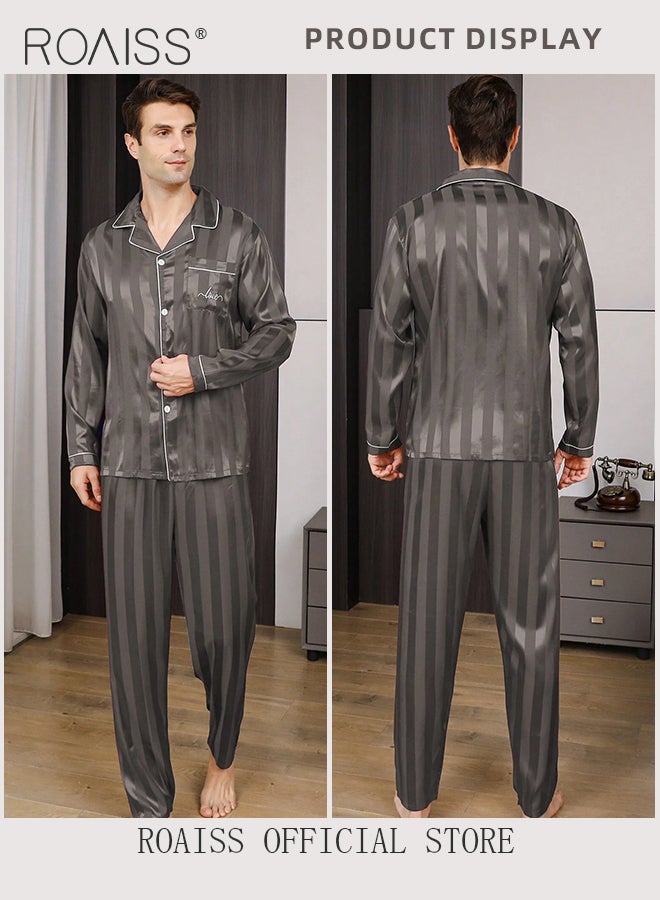 2 PCS Comfy Satin Pajama Set for Men Long Sleeve Button Style Loose Fit Loungewear Mens Comfortable and Soft Two Piece Sets Sleepwear Involves Top and Pants in Striped Embroidery Pattern