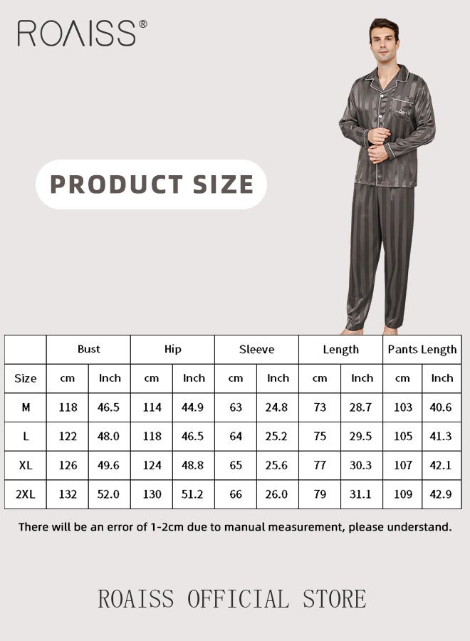 2 PCS Comfy Satin Pajama Set for Men Long Sleeve Button Style Loose Fit Loungewear Mens Comfortable and Soft Two Piece Sets Sleepwear Involves Top and Pants in Striped Embroidery Pattern