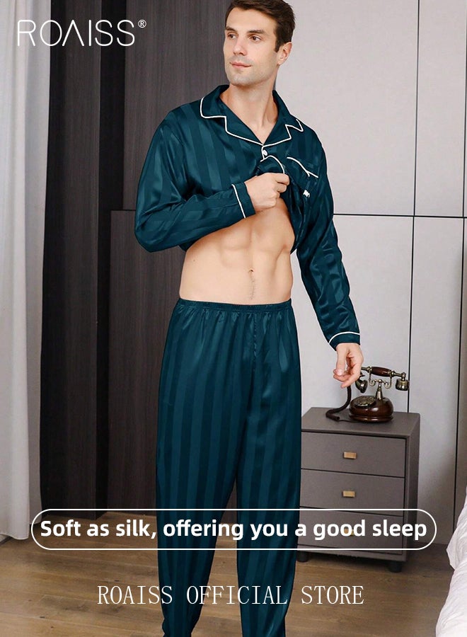 2 PCS Comfy Satin Pajama Set for Men Long Sleeve Button Style Loose Fit Loungewear Mens Comfortable and Soft Two Piece Sets Sleepwear Involves Top and Pants in Striped Embroidery Pattern