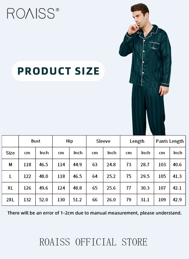 2 PCS Comfy Satin Pajama Set for Men Long Sleeve Button Style Loose Fit Loungewear Mens Comfortable and Soft Two Piece Sets Sleepwear Involves Top and Pants in Striped Embroidery Pattern