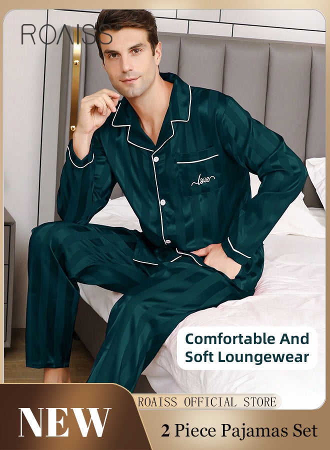 2 PCS Comfy Satin Pajama Set for Men Long Sleeve Button Style Loose Fit Loungewear Mens Comfortable and Soft Two Piece Sets Sleepwear Involves Top and Pants in Striped Embroidery Pattern