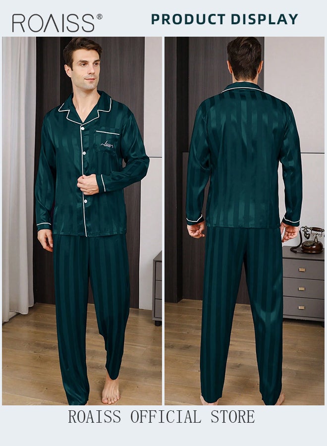 2 PCS Comfy Satin Pajama Set for Men Long Sleeve Button Style Loose Fit Loungewear Mens Comfortable and Soft Two Piece Sets Sleepwear Involves Top and Pants in Striped Embroidery Pattern