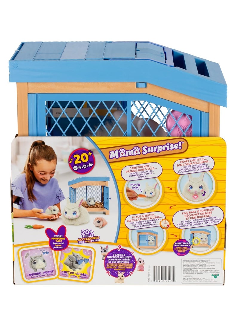 Mama Surprise - Rabbit Take Care of the Mother She Expects 3 Babies! Interactive Rabbit and Hutch Play Set Over 20 Sounds and Reactions Accessories for Babies from 4 Years