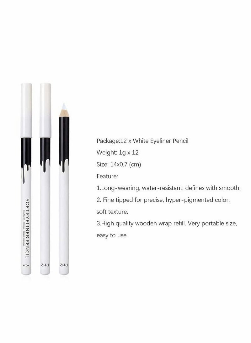 12 Packs White Eyeliner Pencil, Professional Highlighter EyeLiner Pen, Eye Liner Waterproof Long Lasting Eye Brighten