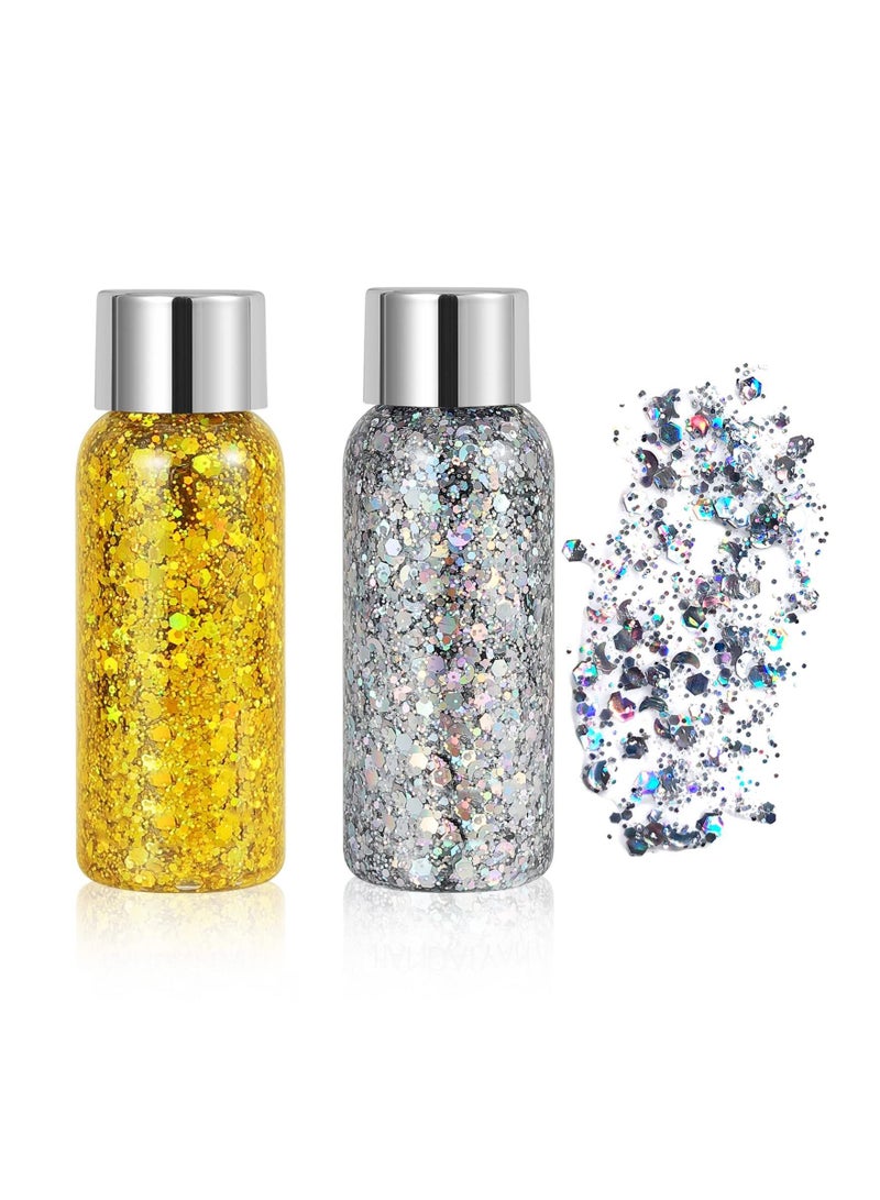 2 Bottle Mermaid Sequins Body Glitter Gel, Long Lasting Holographic Glitter Liquid Body Makeup for Women, Waterproof Face Glitter Gel Total