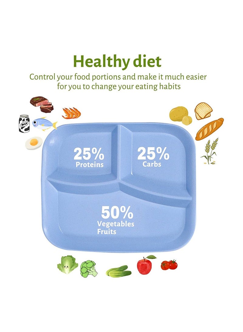 Dinner Plates, Unbreakable Divided Plates, 3 Sections Portion, Control Diet Plate Tray with compartments, Plastic Dinner Set Reusable Dishes Set