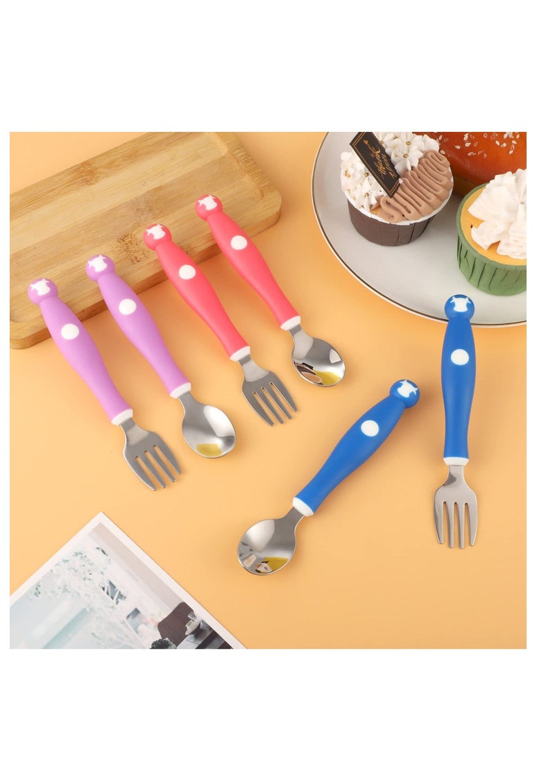 6 Pieces Toddler Silverware Set with Silicone Handle Kids Utensils Forks and Spoons, 316 Stainless Steel & Food Grade Silicone, Bendable Baby Cutlery Childrens Safe Flatware Sets