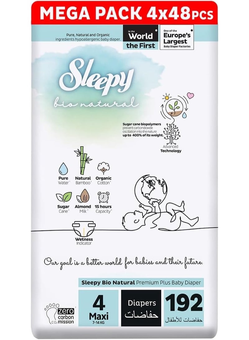 Sleepy Bio Natural Premium Size 4 Diapers 192 Count 2-5Kg Hypoallergenic Water Based  Almond Milk  Vegan  100% Leakproof