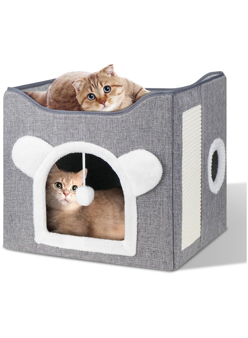 Multifunction Cat House, Cat Bed for Indoor Cats, Cat Nest, Foldable Cat Cube Cave, Large Pet Play House with Fluffy Ball Hanging, Covered Cat Bed for Multi Small Pet Kitty(Grey) ﻿