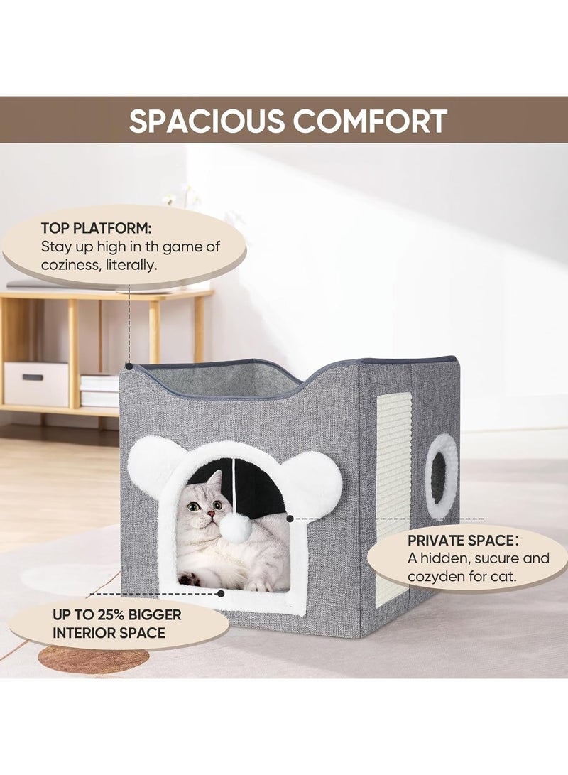 Multifunction Cat House, Cat Bed for Indoor Cats, Cat Nest, Foldable Cat Cube Cave, Large Pet Play House with Fluffy Ball Hanging, Covered Cat Bed for Multi Small Pet Kitty(Grey) ﻿