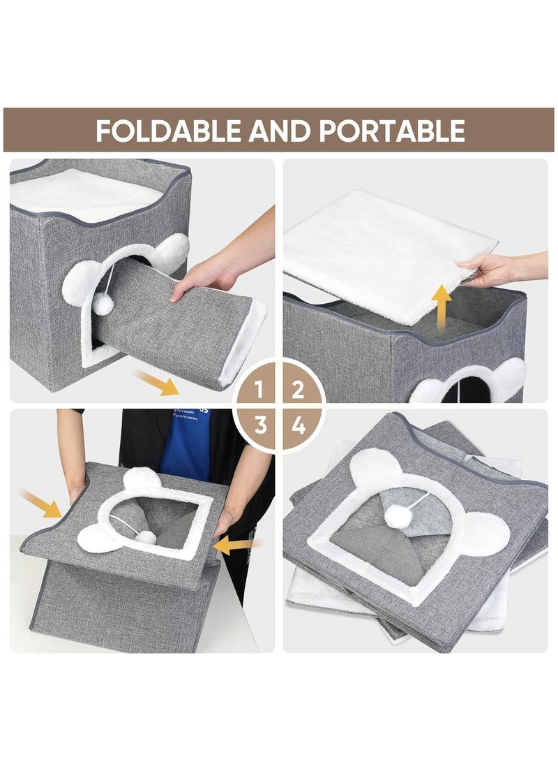 Multifunction Cat House, Cat Bed for Indoor Cats, Cat Nest, Foldable Cat Cube Cave, Large Pet Play House with Fluffy Ball Hanging, Covered Cat Bed for Multi Small Pet Kitty(Grey) ﻿