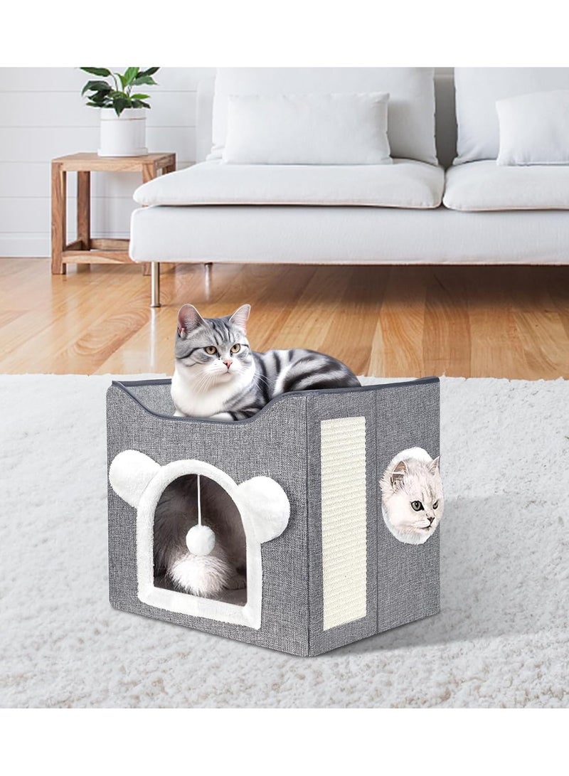 Multifunction Cat House, Cat Bed for Indoor Cats, Cat Nest, Foldable Cat Cube Cave, Large Pet Play House with Fluffy Ball Hanging, Covered Cat Bed for Multi Small Pet Kitty(Grey) ﻿