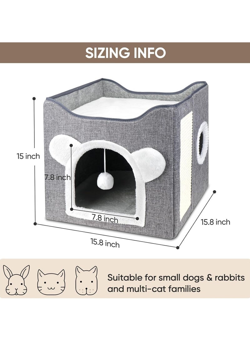 Multifunction Cat House, Cat Bed for Indoor Cats, Cat Nest, Foldable Cat Cube Cave, Large Pet Play House with Fluffy Ball Hanging, Covered Cat Bed for Multi Small Pet Kitty(Grey) ﻿