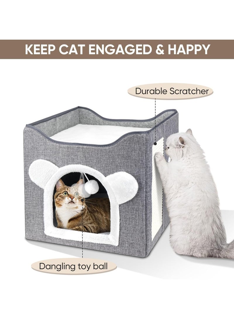 Multifunction Cat House, Cat Bed for Indoor Cats, Cat Nest, Foldable Cat Cube Cave, Large Pet Play House with Fluffy Ball Hanging, Covered Cat Bed for Multi Small Pet Kitty(Grey) ﻿