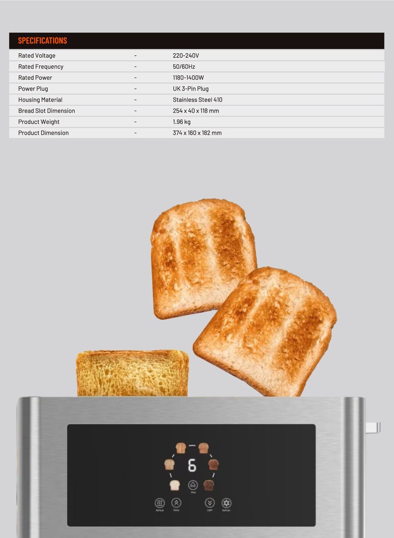 4-Slice Bread Digital Pop-Up Toaster Smart memory / Touch Panel / Reheat Mode / Deep Toast Mode / Light Toast Mode / Defrost Heat Levels / Stainless Steel / Slide Out Crumb Tray-Silver