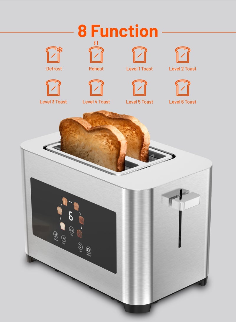 2-Slice Digital Pop Up 850W Bread Toaster/ Stainless Steel 410 Material/ Touch Panel/ Slide Out Crumb Tray - Silver