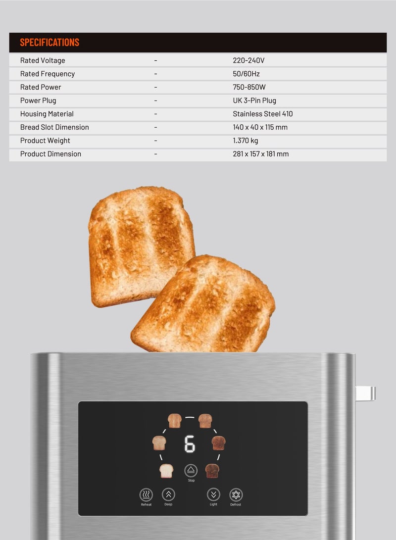 2-Slice Digital Pop Up 850W Bread Toaster/ Stainless Steel 410 Material/ Touch Panel/ Slide Out Crumb Tray - Silver