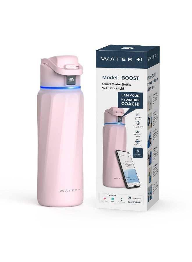 Waterh Boost Smart Water Bottle With Reminder To Drink Water & Water Tracker Bottle - Double Wall Vacuum Insulated Water Bottle Stainless Steel Wide Mouth 32 Oz Water Bottles Ideal For Gift - Pink