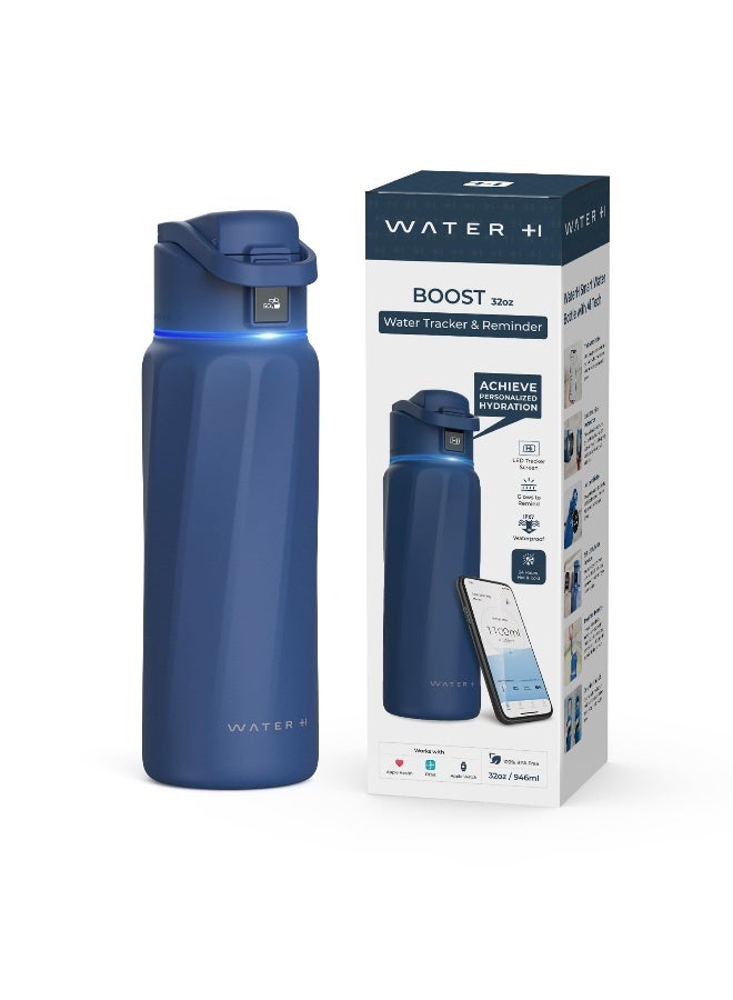 Waterh Boost Smart Water Bottle With App - 32 Oz Wide Mouth Vacuum Insulated Stainless Steel Thermal Cup For Travel & Gym Water Intake Tracker & Reminder Bpa-Free Ideal For Gifts - Blue