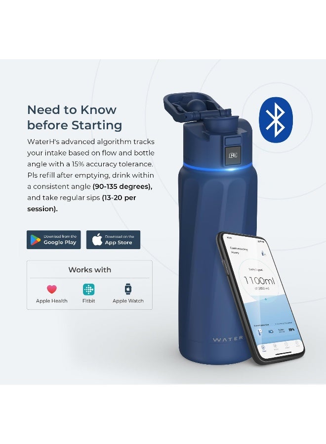 Waterh Boost Smart Water Bottle With App - 32 Oz Wide Mouth Vacuum Insulated Stainless Steel Thermal Cup For Travel & Gym Water Intake Tracker & Reminder Bpa-Free Ideal For Gifts - Blue