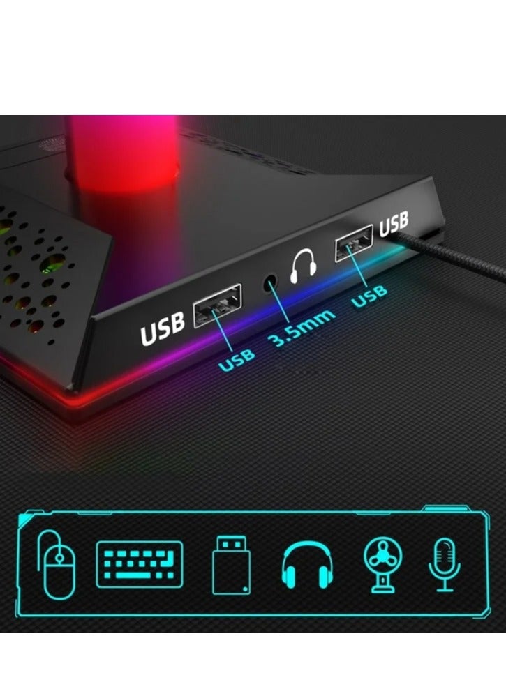 EB02 RGB Gaming Headphone Stand Desktop Horse Stord With 3.5mm AUX and 2xUSB Charging Port For PC  Gamers