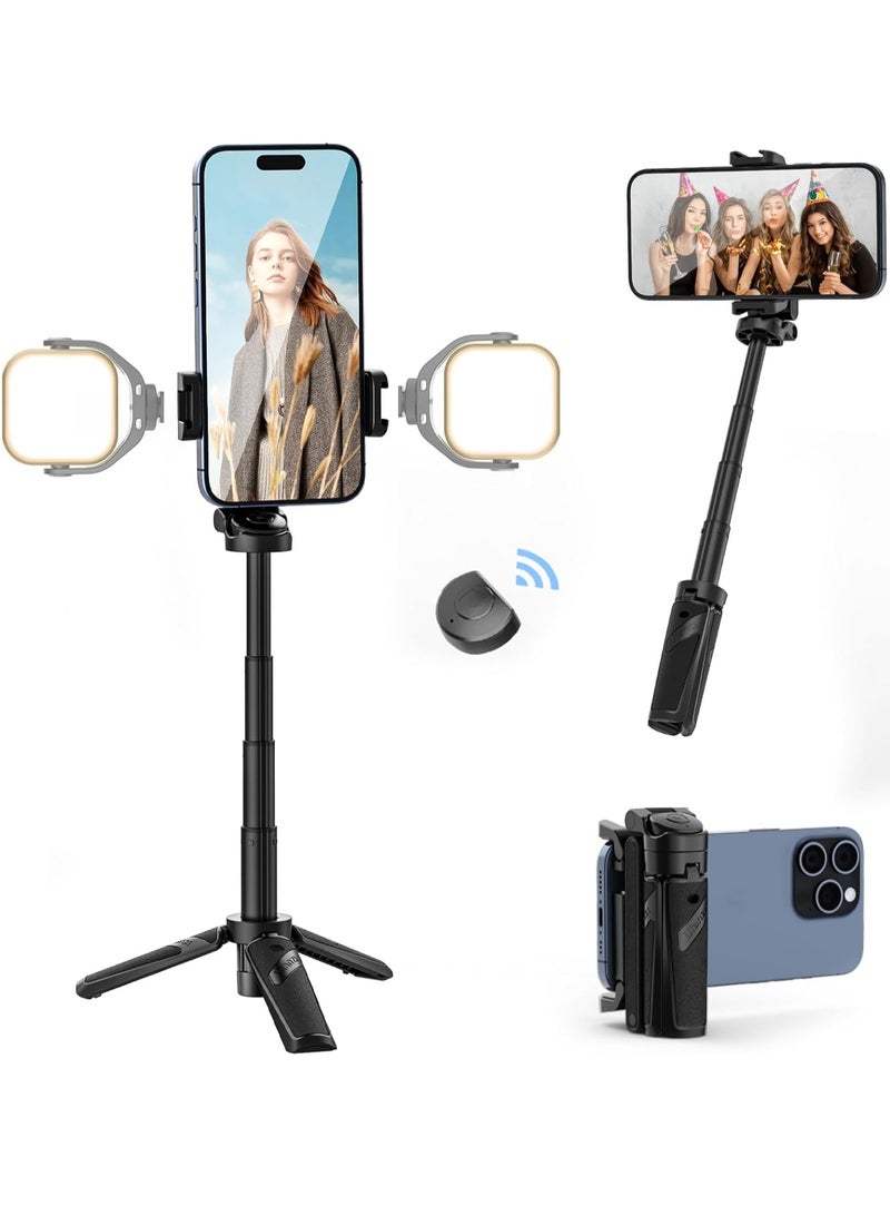 ULANZI JJ02 Selfie Stick Tripod, Extendable Grip Phone Tripod with Detachable Remote Pocket Size, 3-in-1 Mini Phone Grip 2 Cold Shoe, 10m/393.7'' Wireless Shutter, Vlog Livestreaming Photography