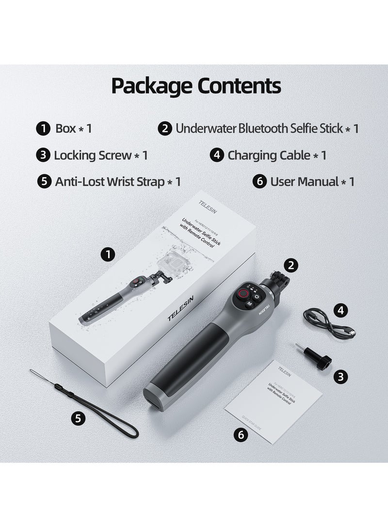 The selfie stick of the underwater remote control camera has a total length of 85cm and supports shooting, mode switching, remote control on/off, and other functions. It can be used in water depths within 30 meters and supports multiple models: GoPro 12/11/10/9/8