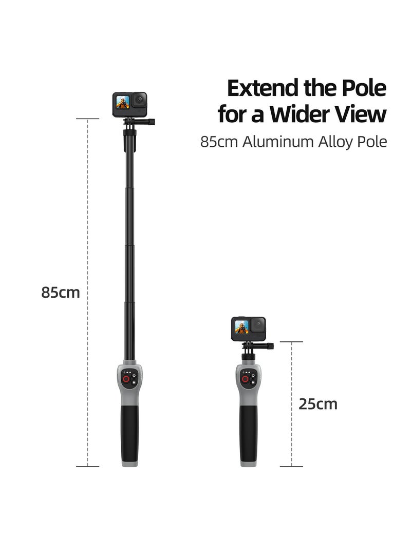 The selfie stick of the underwater remote control camera has a total length of 85cm and supports shooting, mode switching, remote control on/off, and other functions. It can be used in water depths within 30 meters and supports multiple models: GoPro 12/11/10/9/8