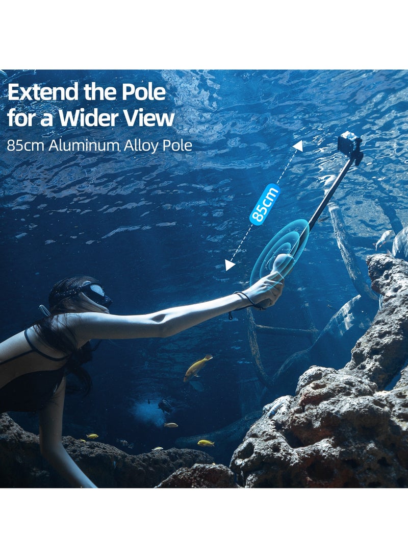 The selfie stick of the underwater remote control camera has a total length of 85cm and supports shooting, mode switching, remote control on/off, and other functions. It can be used in water depths within 30 meters and supports multiple models: GoPro 12/11/10/9/8