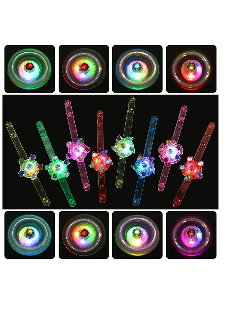 GLOW IN THE DARK These glowing party favors come in a pack of 20 bracelets with multiple random colors and styles. A combination of bracelet, LED, and fidget spinner toy that kids love.